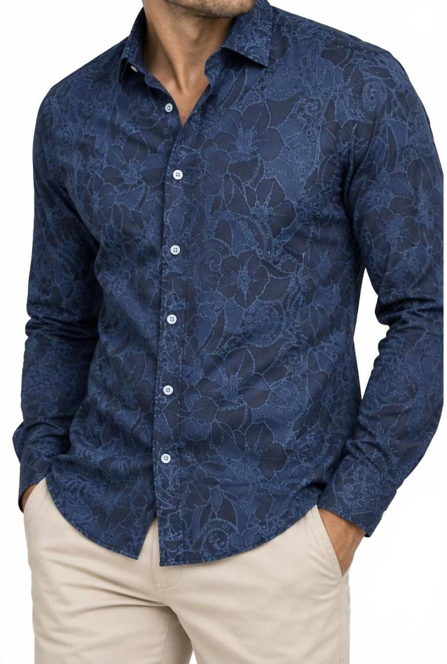 NEW EIGHT X tonal floral print denim long sleeve shirt in navy/midnight navy